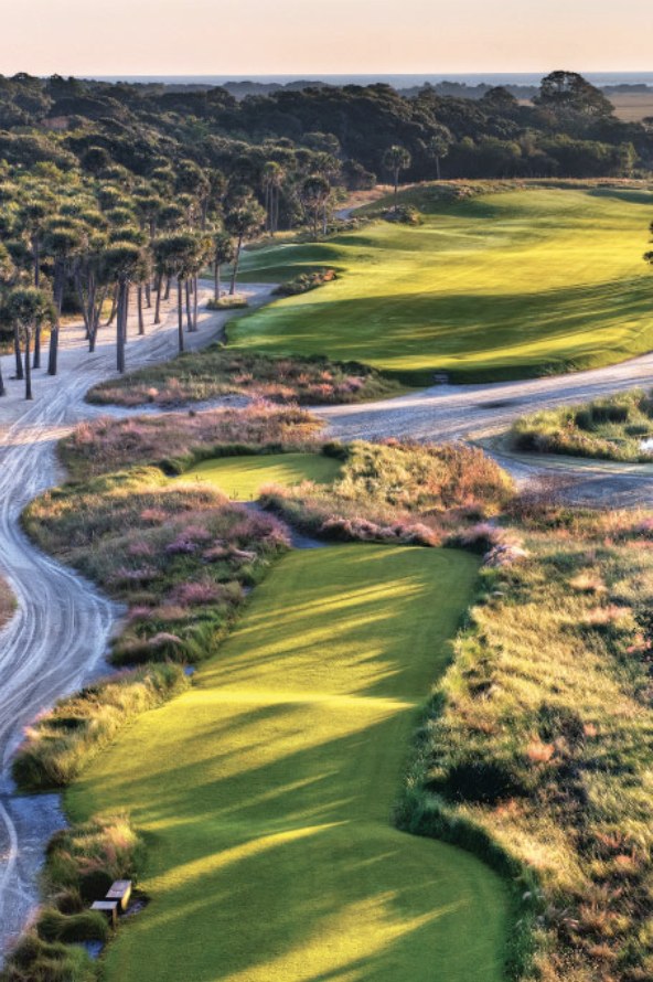 Palm-lined resort golf course at golden hour